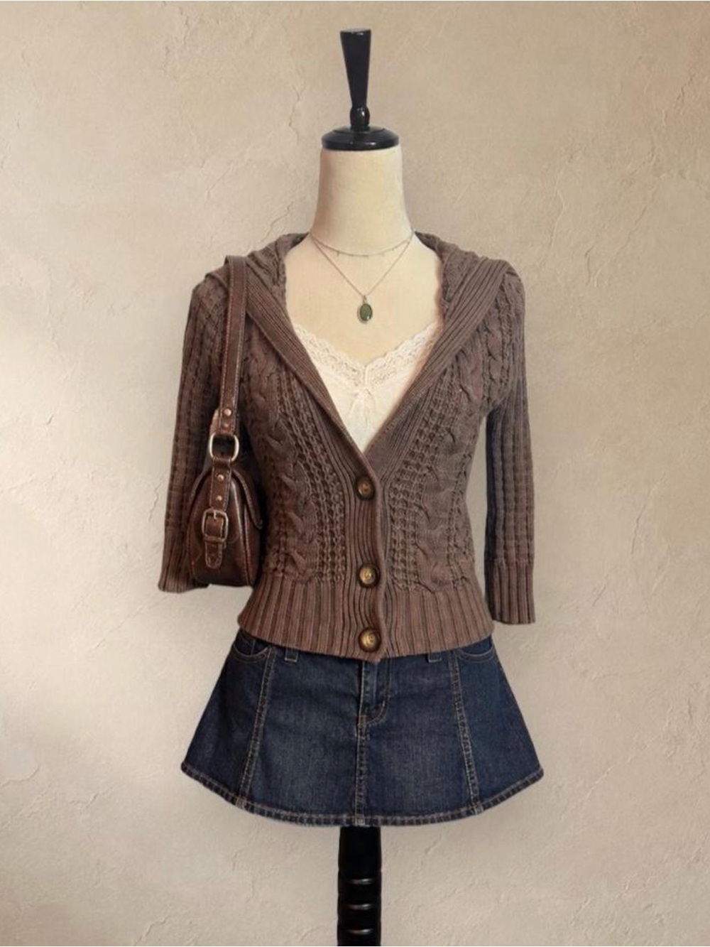 Aeropostale Brown Cable Knit Hooded Cardigan Sweater 3/4 Sleeve Size S